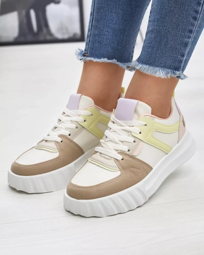 Женские повседневные спортивные туфли из экокожи белого цвета с разноцветными вставками Netiris - Обувь
