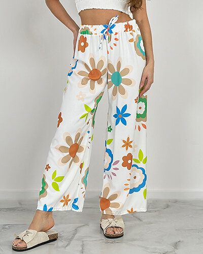 "Royalfashion" Moteriškos plačios gėlėto audinio kelnės