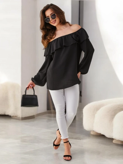 Royalfashion moterims off-the-shoulder bluzoną su volanu ir gėle