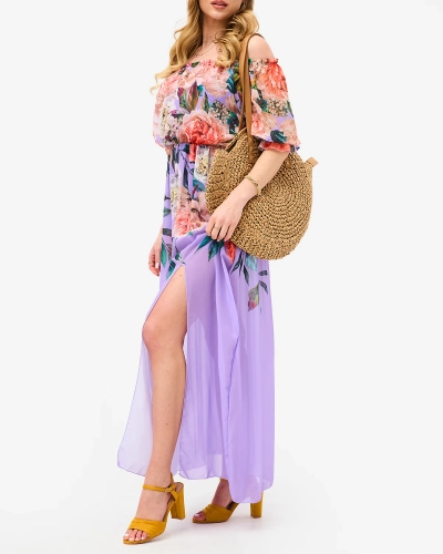 Violetinė moteriška ilga suknelė su gėlėmis ir pamušalu - Apranga