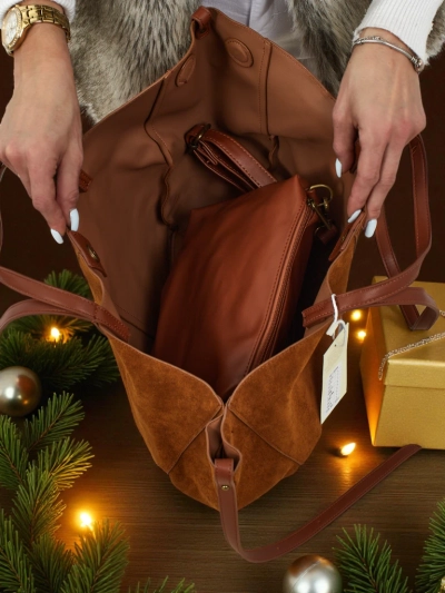 Moteriška pirkinių rankinė eko zomšinė su mažesne eko odine rankine komplekte 2in1 Elinea