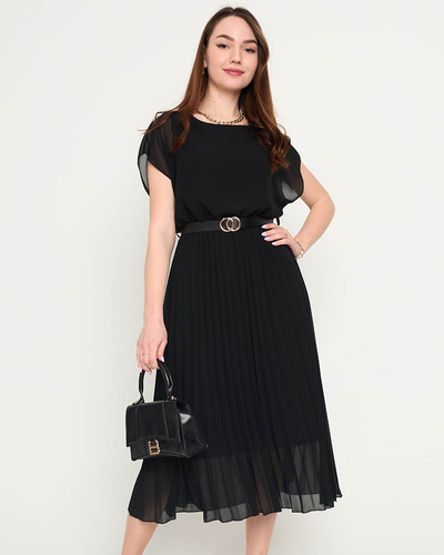 Женское черное плиссированное платье миди с поясом - Одежда