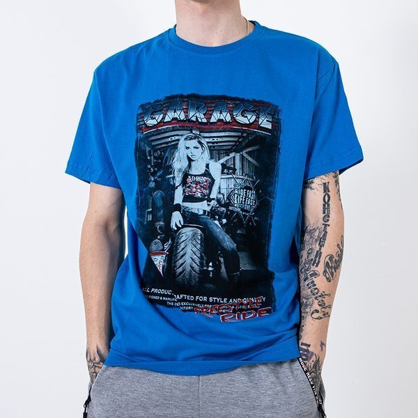 Vyriški mėlyni medvilniniai marškinėliai, dekoruoti atspaudu ir užrašu-Drabužiai