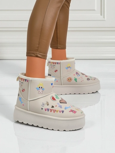 Lemuria Boots - Cream Doodle Snow Boots on a Chunky Furrini Sole