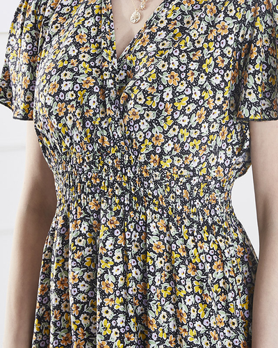 Moteriška gėlėta midi suknelė juodos spalvos- Drabužiai