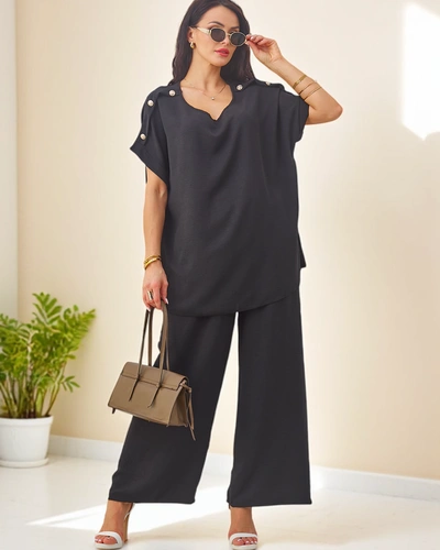 Royalfashion Женский комплект из хлопка с короткими рукавами и широкими штанами