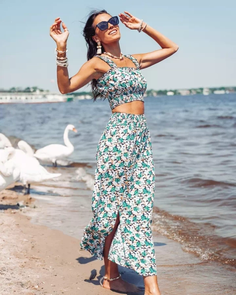 "Royalfashion" Mėtos spalvos moteriškas rinkinys su gėlių raštu