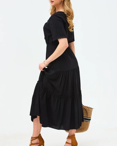 Черное длинное женское платье с короткими рукавами- Одежда