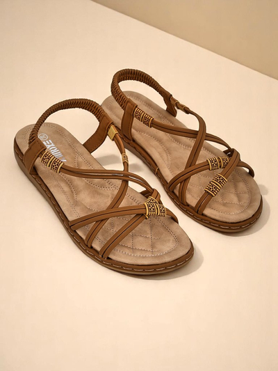 Женские сандалии Royalfashion Cressida camel плоские комфортные кожаные эко летние