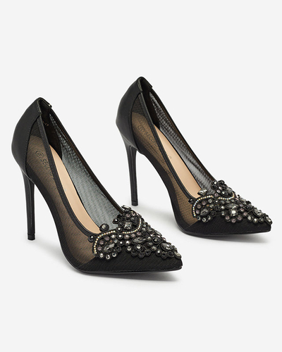 OUTLET Черные женские туфли на шпильке с сеткой и цирконами Heiflo- Footwear