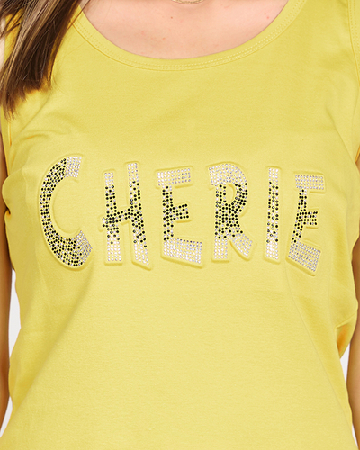 Geltonas moteriškas viršutinis trikotažas su užrašu ir kubiniu cirkoniu - Drabužiai
