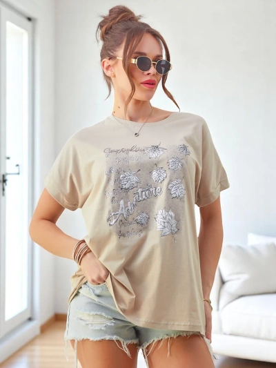Royalfashion Moteriškas medvilninis marškinėliai su lapų spauda
