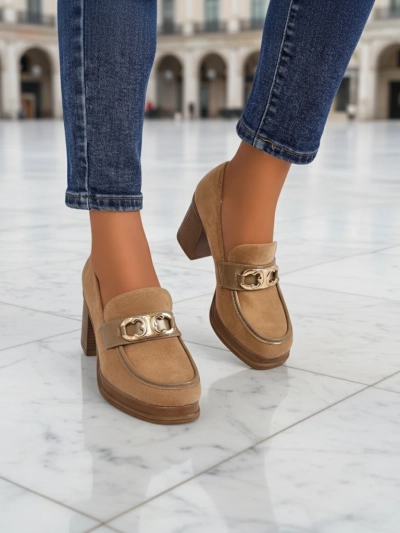 Women's Perseida Loafers – Light Brown Suede Block Heel Elegant