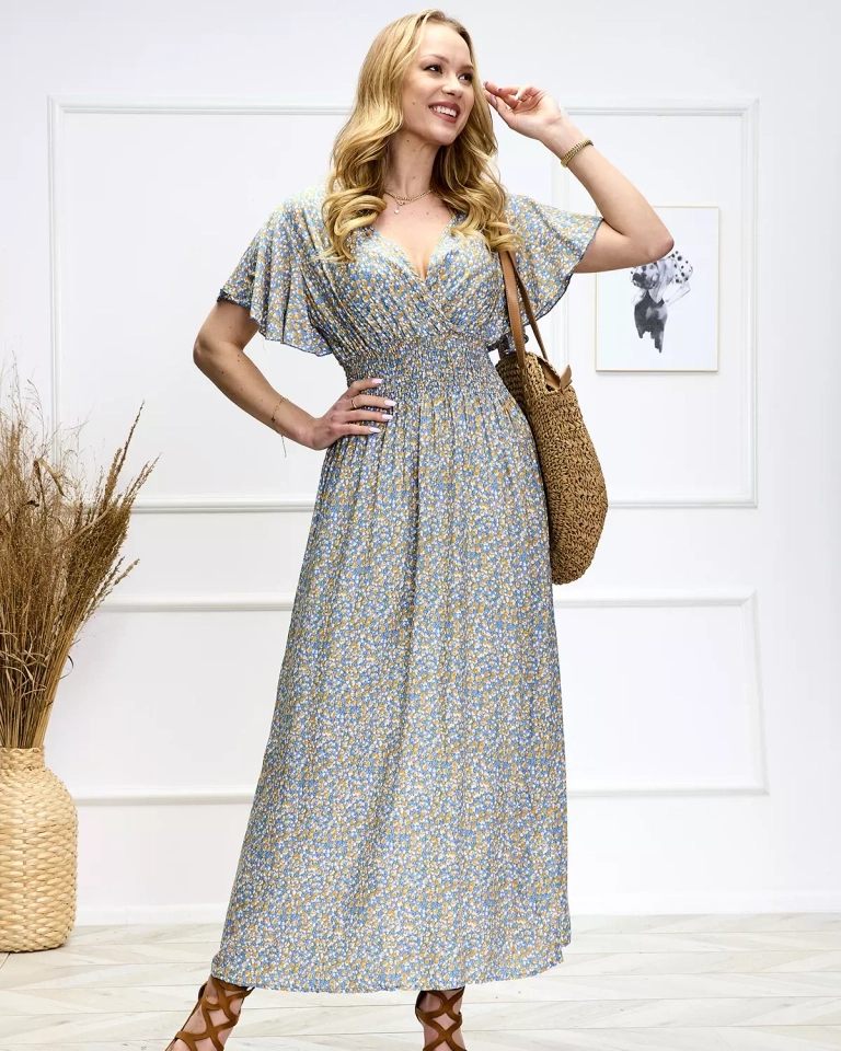 Mėlyna moteriška ilga suknelė su gėlių raštu - Apranga