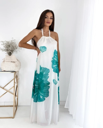 Белое женское платье-миди с темно-зелеными цветами - Одежда