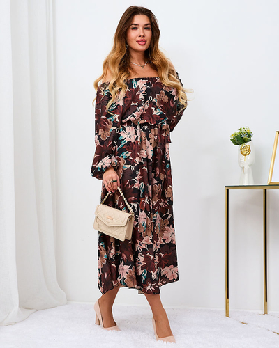 Royalfashion Juodai ruda gėlėta maksi suknelė moterims