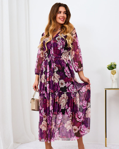 Royalfashion Violetinė tinklinė gėlėta maksi suknelė