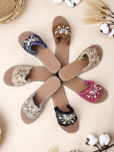 Royalfashion Helena Decor Women's Sandals Black Espadrille with Shells