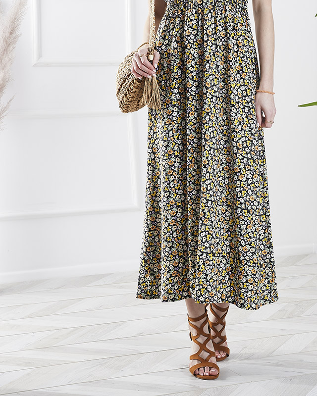 Женское цветочное платье-миди черного цвета- Одежда