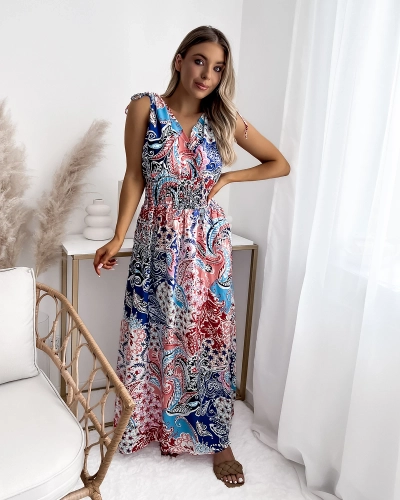 Узорчатое женское платье-миди голубого и розового цвета Одежда