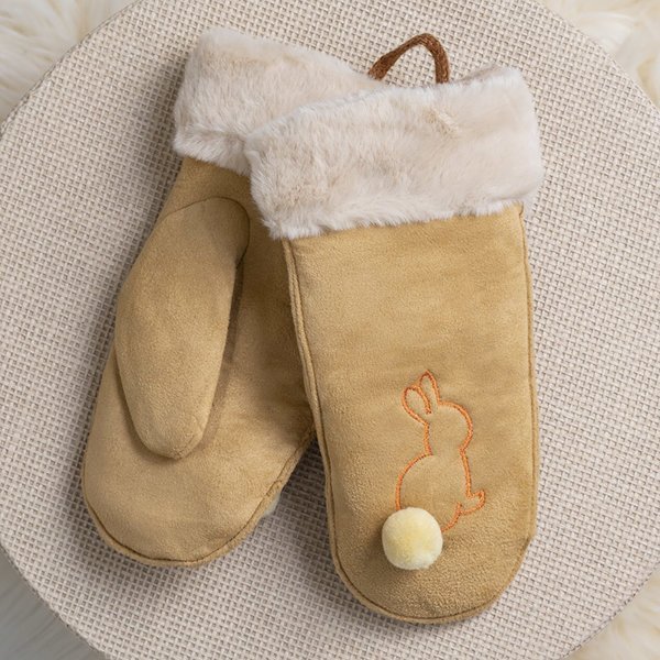 Jasnobrązowe damskie rękawiczki z pomponem - Rękawiczki