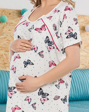 Белая ночная сорочка для беременных и кормящих с бабочками - Одежда