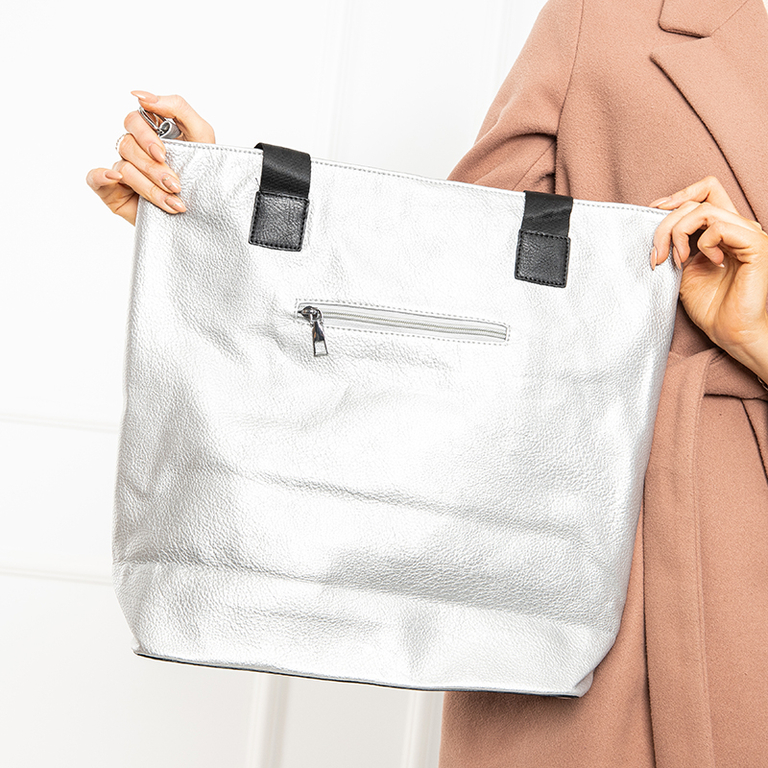 Didelė sidabrinė moteriška pirkinių krepšys su juoda kišene - Priedai