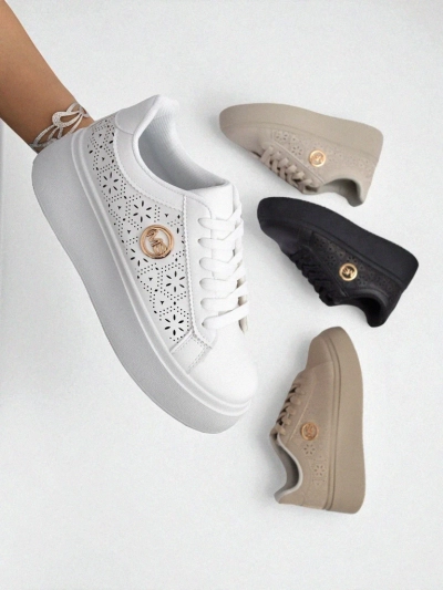 Женские кроссовки Aelia Royalfashion на платформе белые ажурные экрю