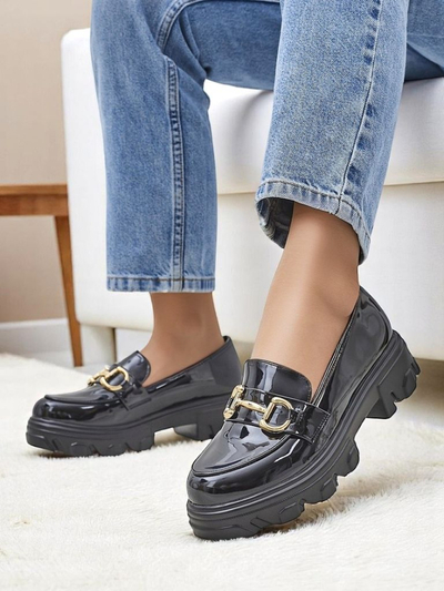 Royalfashion Лоферы из лаковой кожи для женщин с декором Черный бархат