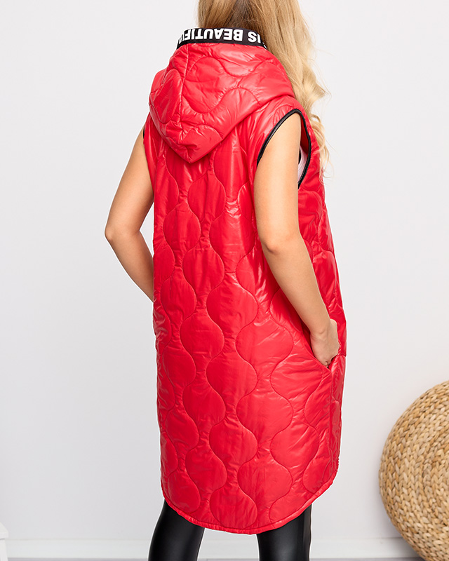 Красный длинный стеганый жилет с принтом