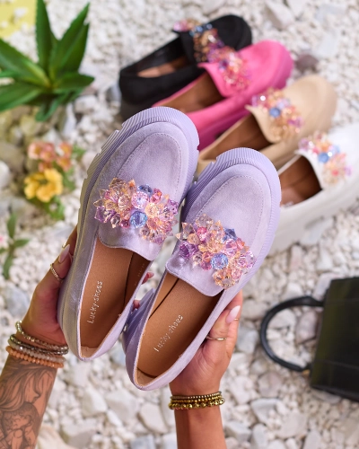 OUTLET Royalfashion Фиолетовые женские мокасины с разноцветными кристаллами Crystal Glam