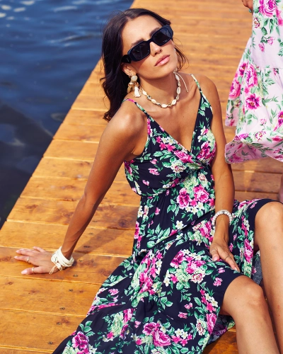 Royalfashion Черное длинное женское цветочное платье