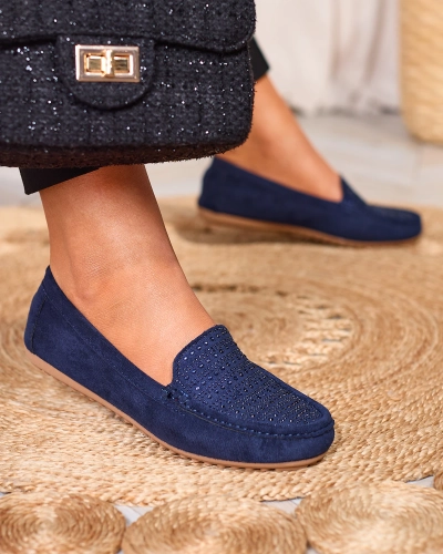 Tamsiai mėlyni moteriški mokasinai su cirkonais Bretika - Avalynė