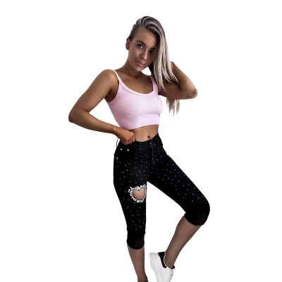 Juodi moteriški 3/4 džinsiniai šortai su cirkonais - Apranga