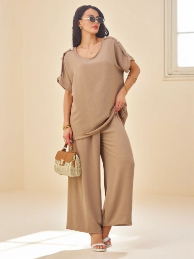 Royalfashion Хлопковый женский комплект с короткими рукавами и широкими штанами