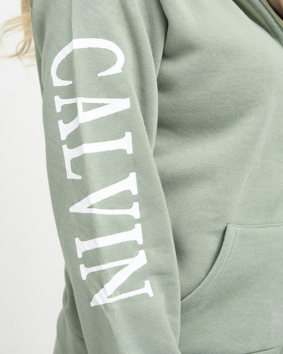 Žalias moteriškas apšiltintas megztinis su užrašu ant rankovių - Apranga