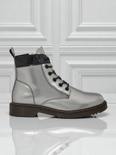 Celestina Eco Patent Leather Silver Ankle Boots with Zipper