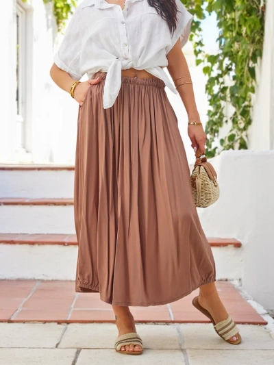 Royalfashion moterų audinė midi vasaros sijonas, lengvas ir plazdinantis su dviem kišenėmis