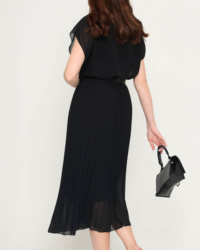 Женское черное плиссированное платье миди с поясом - Одежда