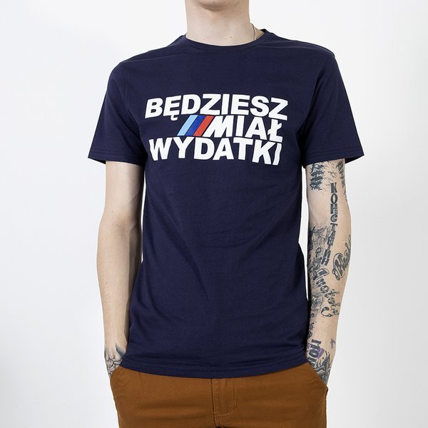 Vyriški tamsiai mėlyni medvilniniai marškinėliai su įspaudu-Drabužiai