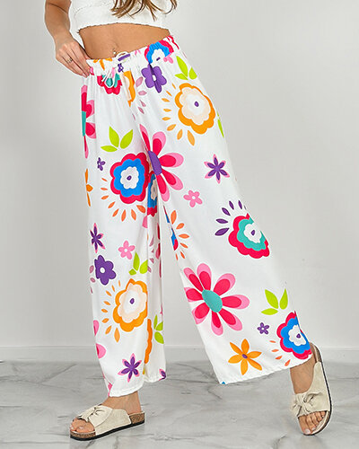 "Royalfashion" Moteriškos plačios gėlėto audinio kelnės