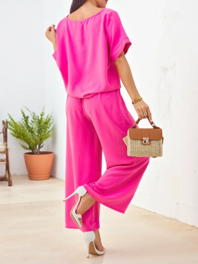 Royalfashion Moteriškas kasdienių drabužių komplektas su trumpomis rankovėmis viršumi ir plačiomis kelnėmis