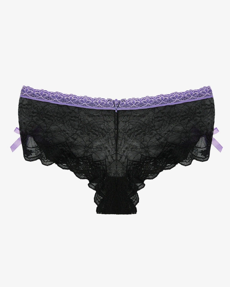 Juodos nėriniuotos moteriškos kelnaitės su violetiniais lankeliais - Apatinis trikotažas