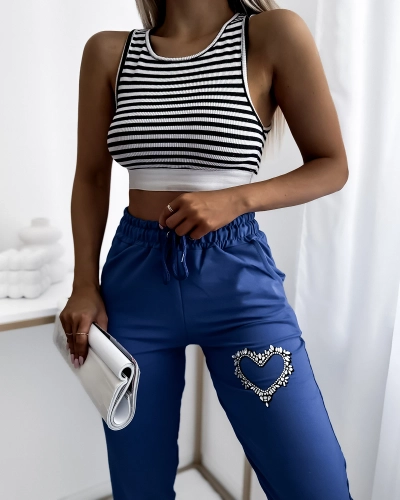 Moteriškos mėlynos sportinės kelnės su cirkonių papuošimais - Apranga