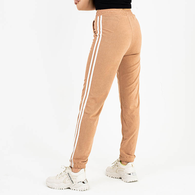 Šviesiai rudos moteriškos sportinės kelnės baltomis juostelėmis - Drabužiai