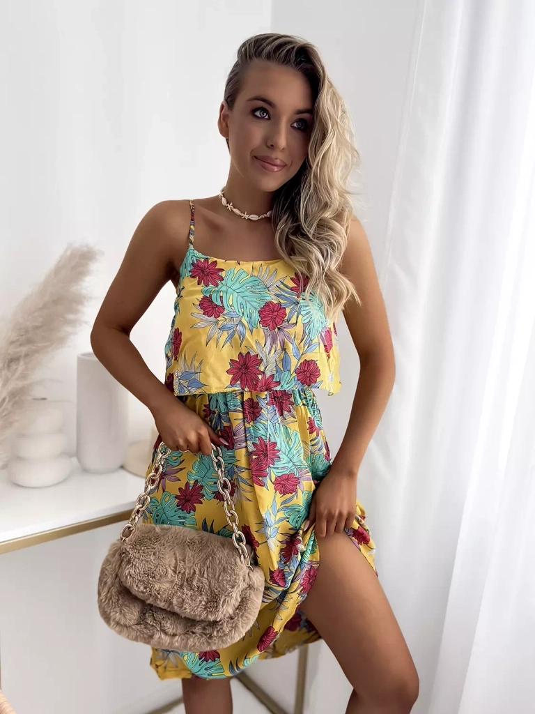 Желтое женское мини-платье с цветочным мотивом - Одежда