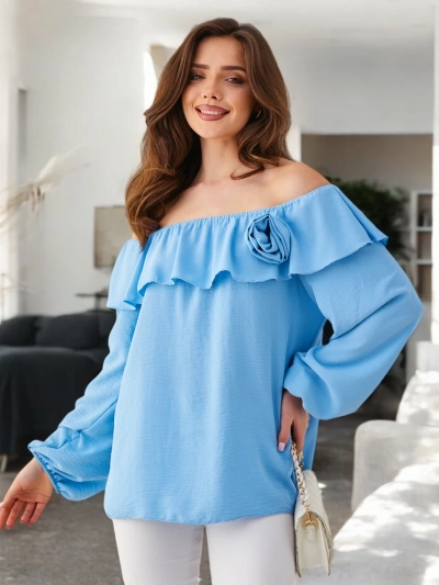 Royalfashion Moteriškas off-the-shoulder palaidinė su volančiumi ir gėle