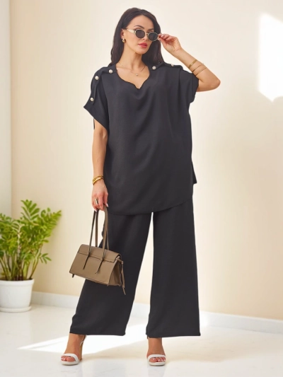 Royalfashion Женский комплект из хлопка с короткими рукавами и широкими штанами