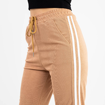 Šviesiai rudos moteriškos sportinės kelnės baltomis juostelėmis - Drabužiai