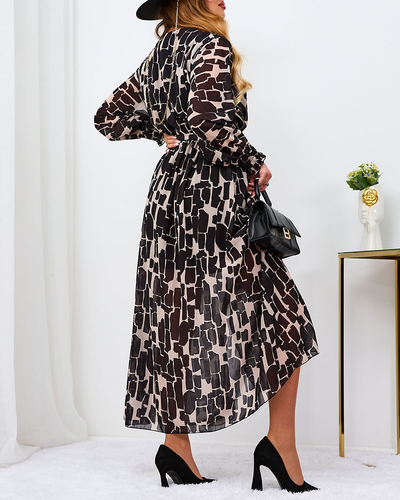 Royalfashion Juodai smėlio spalvos raštuota moteriška maksi suknelė